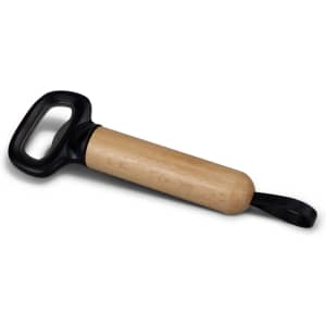 A drink bottle opener featuring a wooden handle and black metal top, with a loop for hanging.