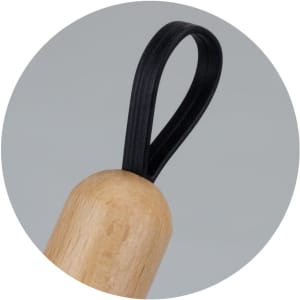 A drink bottle opener featuring a wooden handle and a black rubber loop for hanging.