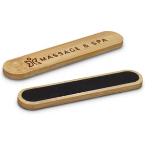 A bamboo nail file featuring a black sanding surface and a logo, showcasing a natural wood finish.