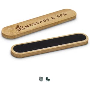 A bamboo nail file with a black surface on one side and a wooden finish. Features a logo on the top.
