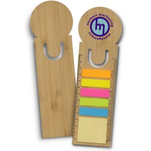 A bamboo ruler bookmark in natural wood with a round top and a logo, featuring colourful sticky notes.