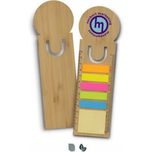 A bamboo ruler bookmark featuring a round top and six sticky note pads in various bright colours. It also includes a logo.