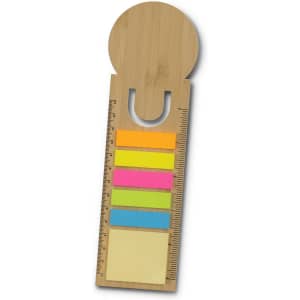 A bamboo ruler bookmark featuring a round top and multiple brightly coloured sticky note sections.