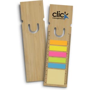 A bamboo ruler bookmark in natural wood colour with a slot for sticky notes and a logo.