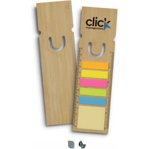 A bamboo ruler bookmark in natural wood colour featuring a logo and multi-coloured sticky notes.