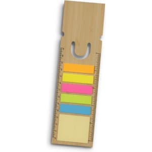 A bamboo ruler bookmark featuring a ruler and multicoloured sticky notes in orange, pink, green, and blue.