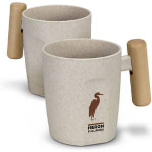 Two cream-coloured coffee mugs with a textured finish and wooden handles, featuring a logo on the front.