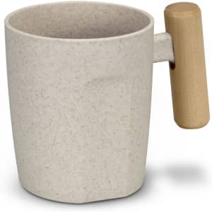 A coffee mug in a speckled cream colour with a wooden handle. Features a simple, modern design and a logo.