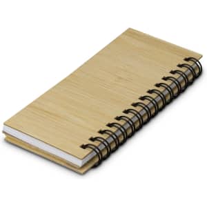A bamboo sticky note wallet with a natural finish and black spiral binding, featuring blank sticky note pages.