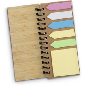 A bamboo sticky note wallet with an assortment of vibrant sticky notes and a blank note section.