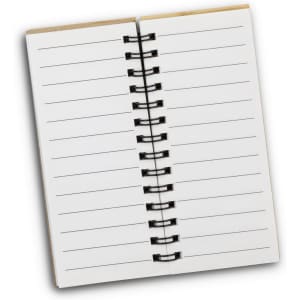 An open notebook with blank pages and a spiral binding, featuring a wooden cover.
