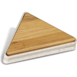 A triangular bamboo clip with a light grey base, featuring a smooth wooden top. Branding is present on the product.