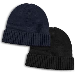 A pair of Merino wool beanies in dark navy and black, featuring ribbed cuffs and a subtle logo.