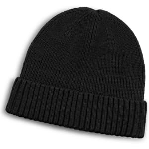 A black Merino wool beanie with a ribbed cuff, laying flat on a white background. It features a logo.