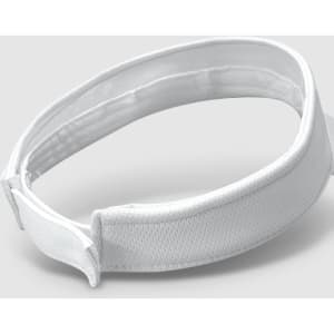 A white sports mesh visor with a textured band and adjustable strap, featuring a logo on one side.