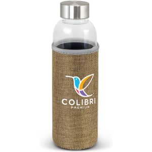A drink bottle with a clear glass body and a natural fabric sleeve, featuring a logo on the sleeve.