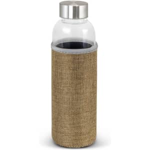 A drink bottle featuring a clear glass body and a natural-coloured fabric sleeve, topped with a stainless steel lid.
