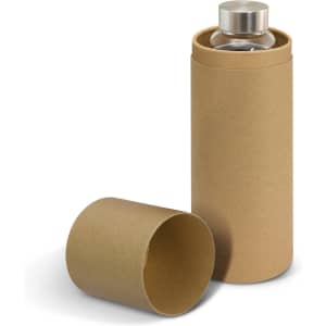 A drink bottle with a transparent glass body and a silver lid, packaged in a natural cardboard sleeve.