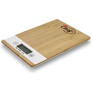 A bamboo kitchen scale with a white digital display and a logo on the surface.