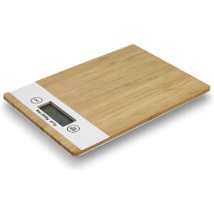 A bamboo kitchen scale with a digital display and buttons, featuring a natural wood finish. It has a logo on it.