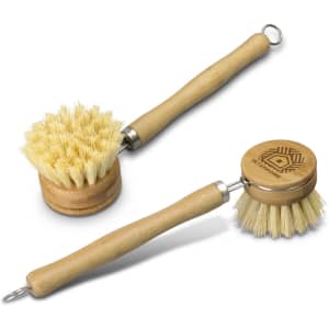 A bamboo dish brush set featuring a round and a flat brush with natural bristles and wooden handles.
