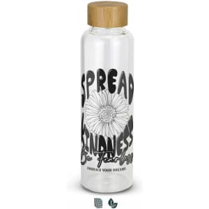A drink bottle with a bamboo lid, featuring a clear glass body and a floral design in black and white.