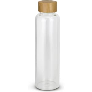 A drink bottle with a clear glass body and a bamboo lid, featuring a simple, elegant design.