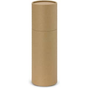 A drink bottle with a bamboo lid in a cylindrical kraft cardboard packaging. The bottle features a logo.