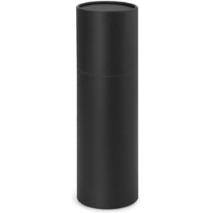 A drink bottle with a black body and a bamboo lid, featuring a cylindrical shape with a sleek design.