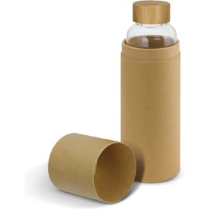 A drink bottle featuring a clear glass body and a bamboo lid, packaged in a brown cardboard tube.