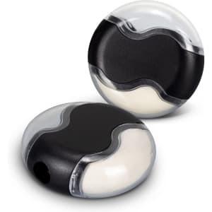 A black and clear pencil sharpener with an eraser, featuring a rounded design and a logo on the surface.