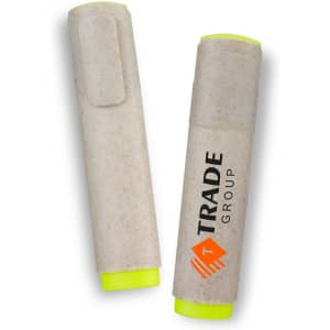 A highlighter with a beige body and bright yellow tips, featuring a logo.