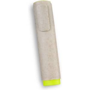 A highlighter in a light beige casing with a bright yellow tip. It features a clip for easy attachment.