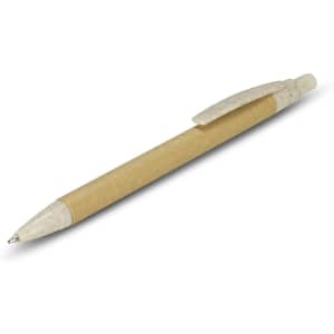 A kraft pen featuring a beige barrel and white accents, with a logo on its side.