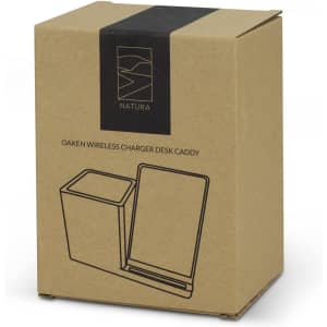 A cardboard box containing the NATURA Oaken Wireless Charger Desk Caddy, featuring a minimalist design and a logo.