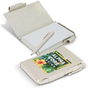 A natural-coloured notebook with a textured cover, featuring a pen and a logo on the front.