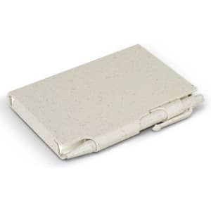 A natural-coloured pocket notebook with a textured finish and a pen attached, featuring a logo.
