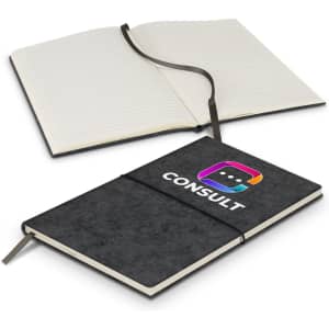 A felt-covered notebook in grey, featuring a logo, with lined pages and a ribbon closure.