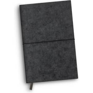 A dark grey RPET felt soft cover notebook with an elastic band closure and a ribbon marker, featuring a logo.