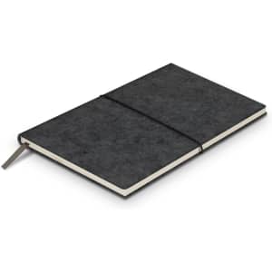 A grey RPET felt soft cover notebook with an elastic band and a ribbon bookmark, featuring a logo.