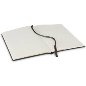 An open RPET felt soft cover notebook with lined pages and a ribbon bookmark, featuring a grey cover.