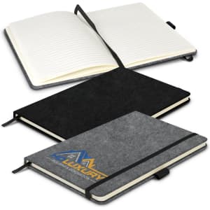 A grey RPET felt hard cover notebook with a black version below, featuring a ribbon bookmark and elastic closure.