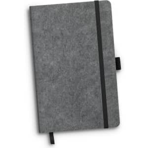 A grey RPET felt hard cover notebook with a black elastic band and a bookmark ribbon. Features a logo on the cover.