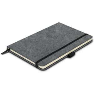A grey RPET felt hard cover notebook with an elastic band closure and a ribbon bookmark. It has a logo on the cover.