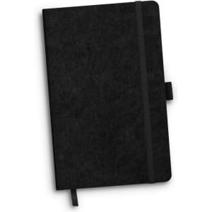 A black RPET felt hard cover notebook with an elastic band and a ribbon bookmark. Features a logo on the cover.