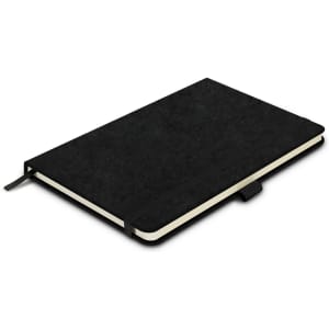 A black RPET felt hard cover notebook with an elastic closure and cream-coloured pages. It includes a branding logo.