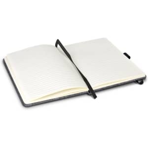 A grey RPET felt hard cover notebook with an elastic band and lined pages, open to display its interior.