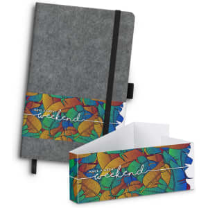 RPET felt hard cover notebook in grey with a colourful illustrated band featuring a weekend greeting. Includes an elastic closure.