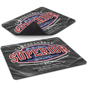 A mouse mat featuring a black textured design with bold red and white branding elements. It has a rubber backing.