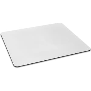 A slim white mouse mat with a smooth surface and black edges, featuring a branding logo.
